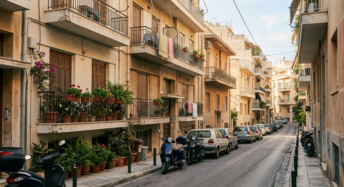 A residential street of mid-rise apartment buildings in Athens, the kind of neighbourhood a pre-diligence report covers